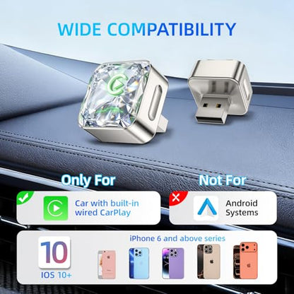 Wireless Apple CarPlay Adapter, 5.8G Quad-Core Chip No Latency, Aerospace Silicone Cooling, Zn-Alloy & Diamond Panel, Plug & Play Wired to Wireless CarPlay Adapter