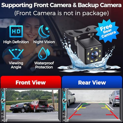 7" Double Din Car Stereo with Wireless Apple Carplay & Android Auto, Bluetooth, 240W, SWC, Subwoofer Out, Mirror Link, USB-C/AUX/TF, FM/AM Car Radio Receiver, Backup Camera - style: Volume knob + 4 physical buttons
