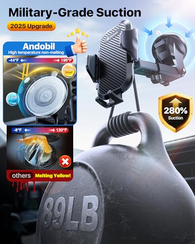 andobil Car Phone Holder, 2026 Military-Grade 89lbs Strongest Suction Phone Holders for Your Car Dashboard/Windshield/Vent Easy Clamp Car Phone Mount Stand for iPhone 17 16 15 14 13 Pro Max Samsung - color: Black