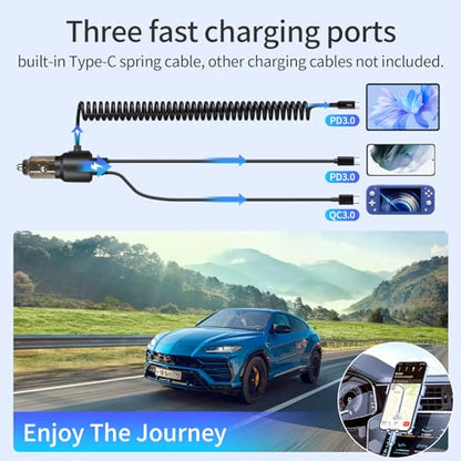 110W Retractable Car Charger, 3‑Port Cigarette Lighter Adapter, 5.7 ft Retractable USB‑C Cable, Car Charger USB C Fast Charge for iPhone 17/16/15 Series, Galaxy S25/S24 and More