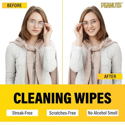 Snoopy Lens Wipes for Eyeglasses (50 Count) Disposable Eye Glasses Cleaner Wipes - Pre-Moistened Cleaner for Phone Screen, Camera & More - Scratch-Free & Streak-Free - 6 x 5 Individually Wrapped - size: 50 Pack