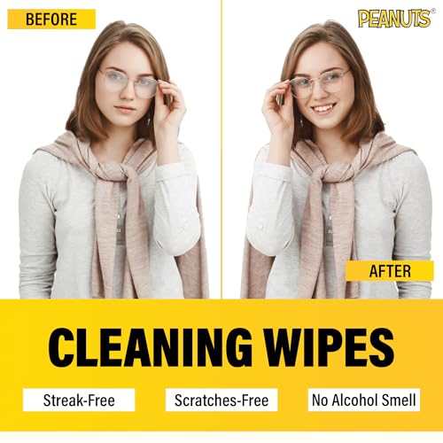 Snoopy Lens Wipes for Eyeglasses (100 Count) Disposable Eye Glasses Cleaner Wipes - Pre-Moistened Cleaner for Phone Screen, Camera & More - Scratch-Free & Streak-Free - 6 x 5 Individually Wrapped - size: 100 Pack