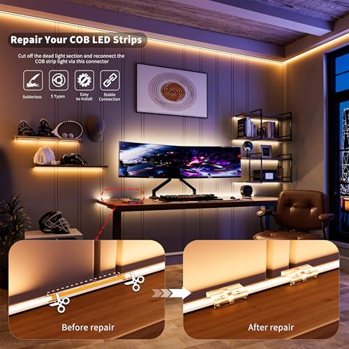PAUTIX 8mm Connectors for 2-Pin COB LED Strip Lights,4pcs Transparent Gapless Connectors,4pcs Dual End,1pc Single to DC Female Plug 7.9in Extension Wire,2pcs L-shaped Connectors,1pc T-shaped Connector - size: 8mm Cob Connectors/Upgraded Set