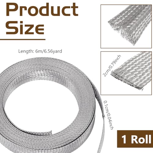 NBEADS 19.68ft 304 Stainless Steel Braided Cable Sleeve, 0.78 Inch Wide Stainless Steel Color Flat Tinned Braided Ground Wire Mesh, Flexible Shielding Sleeve for Cables - size: 19.68ft X 0.78 Inch