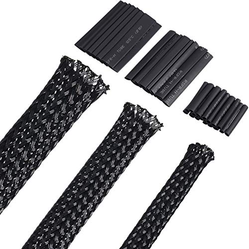Boao 50ft PET Expandable Braided Cable Sleeve, Wire Loom Braid Sleeving with 127 Pieces Shrink Tube for Audio Video and Other Home Device Cable Automotive Wire(1 Inch, 1/4 Inch, 3/4 Inch,Black) - color: Black, size: 1 Inch, 1/4 Inch, 3/4 Inch