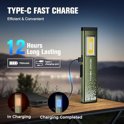 RECHOO Flat EDC Flashlight Rechargeable, 8-Mode Slim Pocket Flashlight with Magnetic Base & Clip, Lightweight Mini Rechargeable Flashlights for Everyday Carry, Working, Camping, Car Repair & Emergency - color: Green