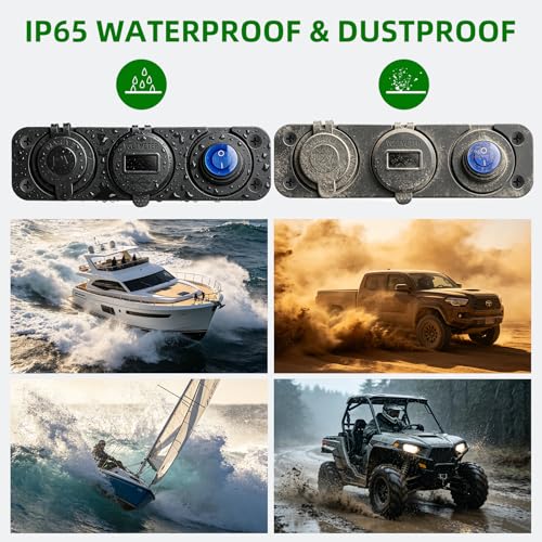12V 3 in 1 Waterproof Cigarette Lighter Socket, Dual QC3.0 USB and PD3.0 Type‑C Fast Charger Ports, Digital Voltmeter and Switch for Car Marine Boat RV Truck ATV