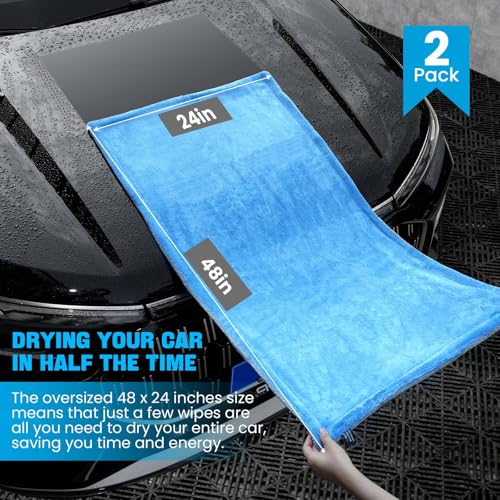 TTRCB 2 Pack Car Drying Towels (48" x 24"), Extra Large Microfiber Towels for Cars, 1400 GSM Ultra-Absorbent, Streak Free, Double Twisted-Loop Drying Towels Car Detailing for SUV, RV, Trucks
