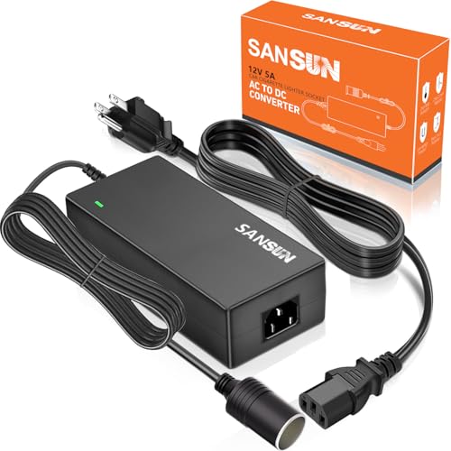 AC to DC Converter 5A Car Cigarette Lighter Socket, SANSUN 120V to 12V Supply Adapter Transformer for Electric Air Pump, Car Fan and Other Devices Under 60W (5A) - size: 5A