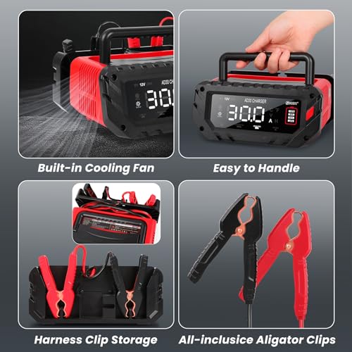 30 Amp 6V/12V/24V Smart Trickle Charger, Car Battery Charger, Lithium, Lifepo4, Lead Acid (AGM/Gel/SLA) Automatic Battery Maintainer, Battery Desulfator for Boat, Motorcycle, Lawn Mowers - size: 6V/12V/24V