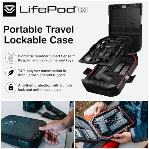 VAULTEK LifePod 20 Full-Size Biometric Lockable Weatherproof Case with Built-in Lock, Steel Security Cable, & TSA Handgun Case or Car Safe, Portable Travel Pistol Safe/Covert Black/Biometric