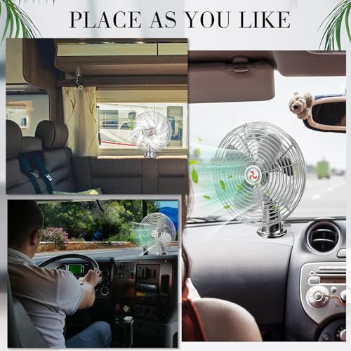 Tujoe 2 Pcs 12V Car RV Cooling Fan with 2 Speed Switch Heavy Duty Metal Fans with Cigarette Lighter for Cars Trucks Van RV Boat and Buses(8 Inch,Silver) - color: Silver