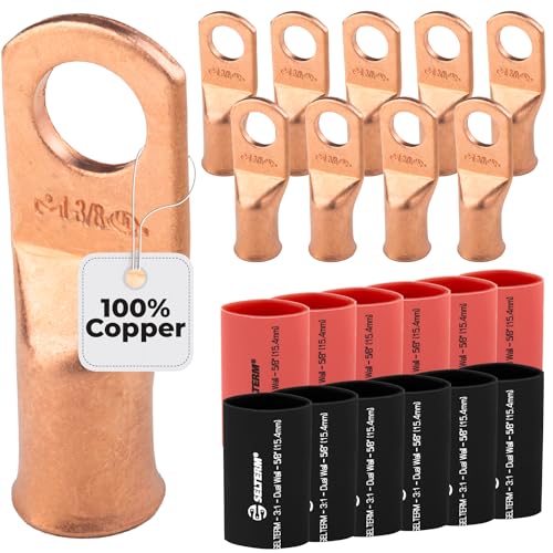 SELTERM 10pcs, 1 Awg, 3/8" Stud Bare Copper Lugs, Ring Terminal Connectors - color: Bare Copper Lugs + Heat Shrinks, size: 1 Awg - 3/8" (M10) Ring