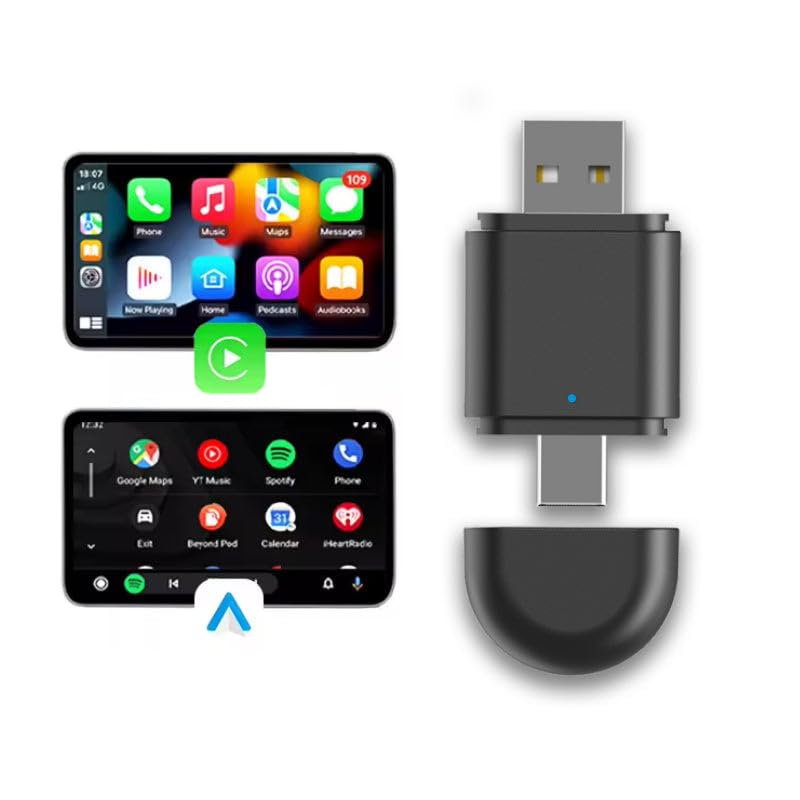 2-in-1 Wireless CarPlay & Android Auto Adapter – Plug & Play USB/Type-C Dongle, Bluetooth 5.4 + 5.8GHz Wi-Fi, Converts Wired CarPlay & Android Auto to Wireless, Fast Stable Connection