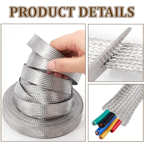 NBEADS 32.8ft 304 Stainless Steel Braided Cable Sleeve, 0.7 Inch Wide Stainless Steel Color Flat Tinned Braided Ground Wire Mesh, Flexible Shielding Sleeve for Cables - size: 32.8ft X 0.7 Inch