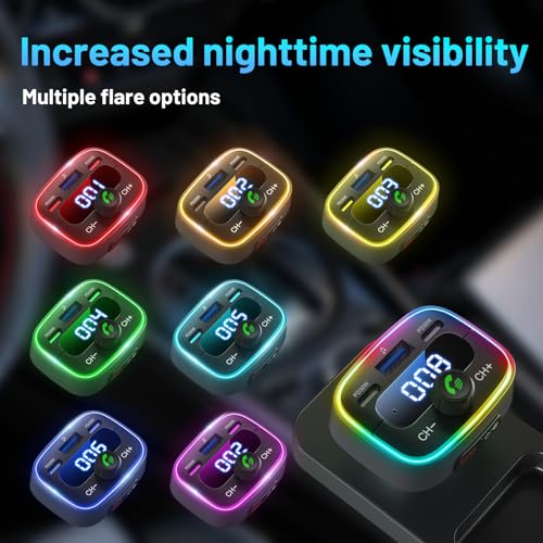 Bluetooth 5.4 Car Adapter 60W Charging USB Bluetooth Adapter for Car,Wireless Fm Transmitter Radio,Handsfree Calling and Audio Receiver,HiFi Music Player,7 Colors LED Backlit - color: Colorful-60W