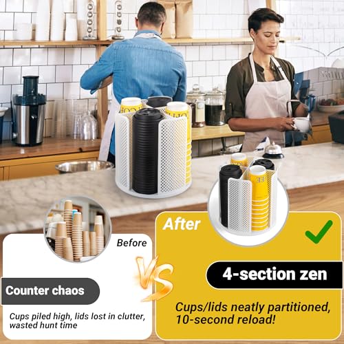 4-Compartment Rotating Paper Cup Holder & Coffee Cup Lid Storage Dispenser, Plastic Cup Dispenser Removable, Space-Saving Countertop Cup Holder for Coffee Bars, Kitchens (White) - color: White