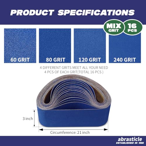 3" x 21" Zirconia Sanding Belts for Metal, 3 x 21 Inch Zirconia Metal Grinding Sand Paper, 16 PCS 4 Each of 60/80/120/240 Assorted Grits - size: 3" x 21" Assorted Grit(16 pack)