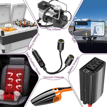 1 to 2 Car Cigarette Lighter Splitter 12V-24V DC Dual Power Charger Port 11 Inch UL Extension Wire 2 Way Y Adapter with 15A Fuse Dust Cover Cable Ties for RV Truck Boat