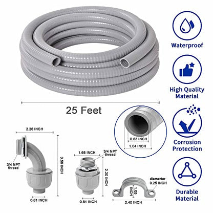 (3/4" Dia * 25 Feet) Yariwiz Flexible Electrical Conduit Liquid Tight PVC Conduit Kit with 3 PCS Coupling, 3 PCS Elbow and 7 PCS Strap, Sealtight Seal Flex Liquidtight Wire Outdoor Non Metallic Grey - style: 3/4"-25ft Kit-Grey