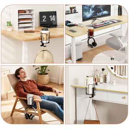 Large Desk Cup Holder, 2-in-1 Clip On Cup Holder with Headphone Hook, Heavy-Duty Metal Drink Holder for Insulated Tumblers, Big Water Bottles, Fits Office Desk Organizer, Dorm, Gaming Setup (1 Pack) - color: Black- 1 Pack