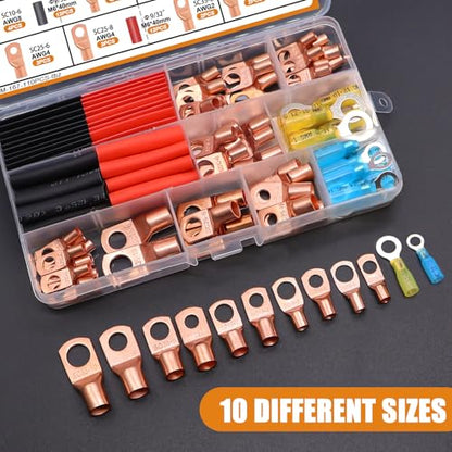 mankk 130PCS Copper Wire Lugs AWG 2 4 6 8 10 12 14 16 Gauge Battery Terminal Connectors Battery Cable Ends Connectors Copper Ring Terminal Kit with Heat Shrink - color: 130PCS