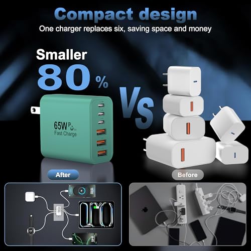 65W USB C Charger Block,6-Port Multi Device Fast Charger PD QC Wall Adapter - color: Green, size: 65w