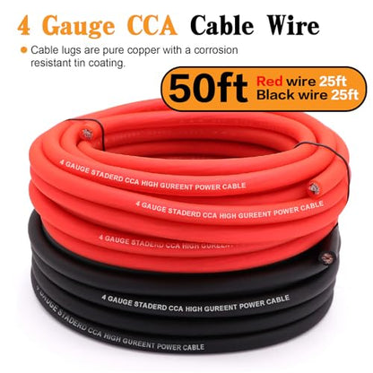 AWG 4 Gauge Wire Kit,Battery Cable,CCA Copper Clad Aluminum 50FT Black/Red with 4ga lugs,10-in Cable Cutter and Heat Shrink Tube for Power/Ground,Car Audio Speaker,Amp Wiring kit - color: W/ Cutter