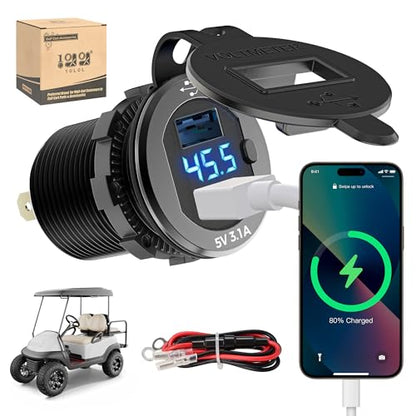 10L0L 9V-55V Input Golf Cart Quick Charge 3.0 Dual USB Charging Socket,2 in 1 USB Ports & Digital Voltmeter Universal for Club Car,EZGO and Yamaha,Metal Shell Safe Charge Outlet - color: Black