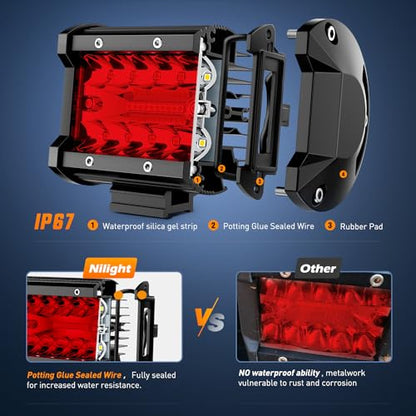 Nilight 4 inch LED Light Pod Red Triple Row 2PCS 60W Flood Spot Combo Driving Fog Lights Fishing Hunting Emergency Safety Signal Deck Trailer Lighting for UTV Pick-up Van Boat Tractor - color: Red Led Pods