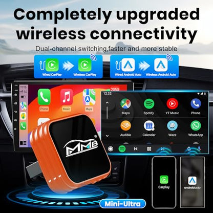 MMB Wireless CarPlay Adapter for iPhone＆Android Auto, Fast Auto-Connect, WiFi 6, Bluetooth 5.4, Convert Wired to Wireless, No Delay, USB-C/USB-A/Extension Cable, Compatible with iOS10+/Android 11+ - color: Ultra Orange