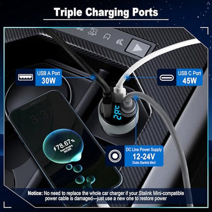 LivTee Car Adapter for Starlink Mini, 3-in-1 Car Charger and DC Power Cable with Cigarette Lighter Adapter, 12V-24V Digital Display, QC 3.0 30W and PD 45W Ports, 16AWG Cable for Car Accessories(10FT) - size: Starlink Adapter