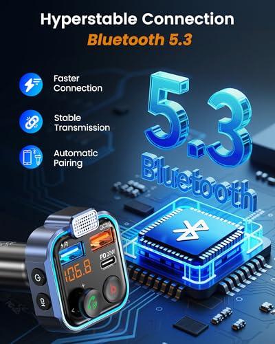 LENCENT FM Transmitter in-Car Adapter, Wireless Bluetooth 5.3 Radio Car Kit - size: Blue-38W