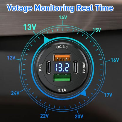 Qidoe 2Pack 12V-40V USB Outlet with Voltmeter, High Voltage 66W 4 Port Dual USB C PD 30W & Dual QC3.0, Waterproof Car Charger for RV Boat Marine Truck Car