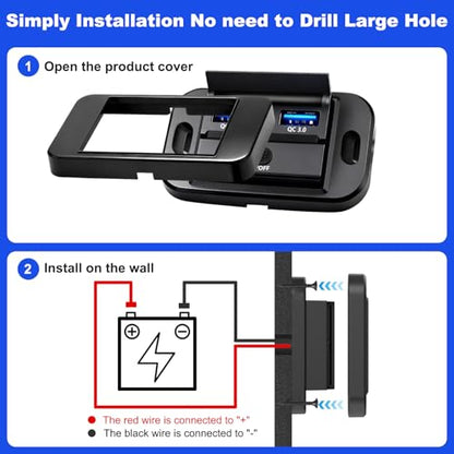 12V Flush Mount USB Charger with Power Switch, Multi-Port Car Charger for RV, Boat, Car, Bus, ATV, Motorcycle - Panel Mount Charging Accessories (QC+QC)