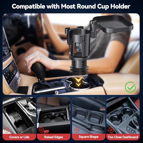 KDD Car Cup Holder Expander - 3 in 1 Cup Holder Adapter with Adjustable Base - Detachable Phone Holder & 360° Rotation Food Tray for Car - Compatible with Vehicles, Car, Road Trip Essentials