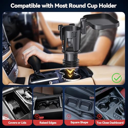 KDD Car Cup Holder Expander - 3 in 1 Cup Holder Adapter with Adjustable Base - Detachable Phone Holder & 360° Rotation Food Tray for Car - Compatible with Vehicles, Car, Road Trip Essentials