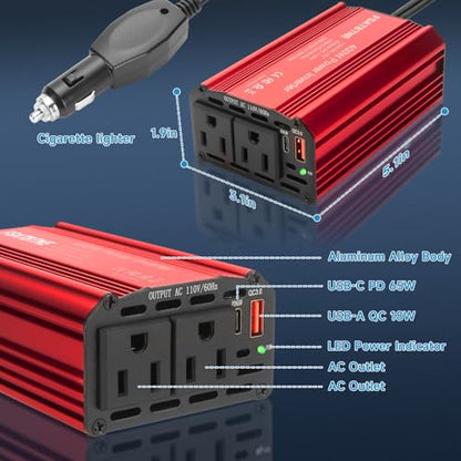 400W Power Inverter, FSATBTNE DC 12V to 110V AC Car Plug Adapter Outlet Converter with [65W PD USB-C] & [18W QC USB-A] Fast Charging Ports and 2 AC Outlets Car Power Inverters for Vehicles - color: Red
