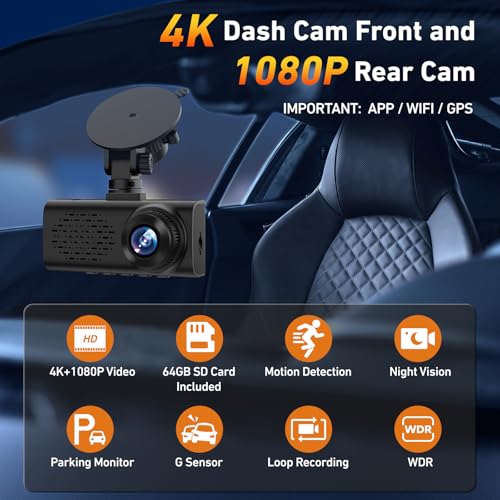 4K Dash Cam Front and Rear, 4K+1080P Dashcam with 5GHz WiFi & App Control - size: S60-4K Front+1080P Rear