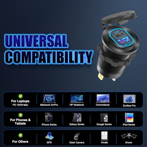 12 Volt USB C Outlet PD 100W Car USB Port for Laptop and QC3.0 18W Car Charger Socket Aluminum Alloy, Fast Charging Cigarette Lighter Replacement DIY Accessary for RV MarineTruck Boat Golf