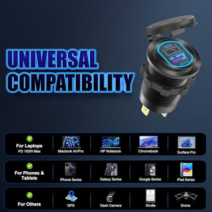12 Volt USB C Outlet PD 100W Car USB Port for Laptop and QC3.0 18W Car Charger Socket Aluminum Alloy, Fast Charging Cigarette Lighter Replacement DIY Accessary for RV MarineTruck Boat Golf