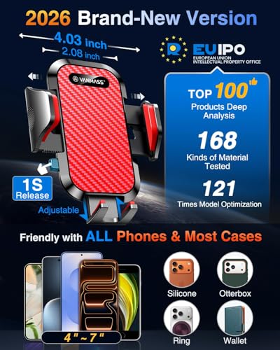 VANMASS Phone Holders for Your Car Ultimate Military-Grade Car Phone Holder Mount【Patent & Safety Certs】 Upgraded Shockproof Truck Air Vent Phone Mount for iPhone 17 Pro Max 16 Samsung Android,Red - color: Red