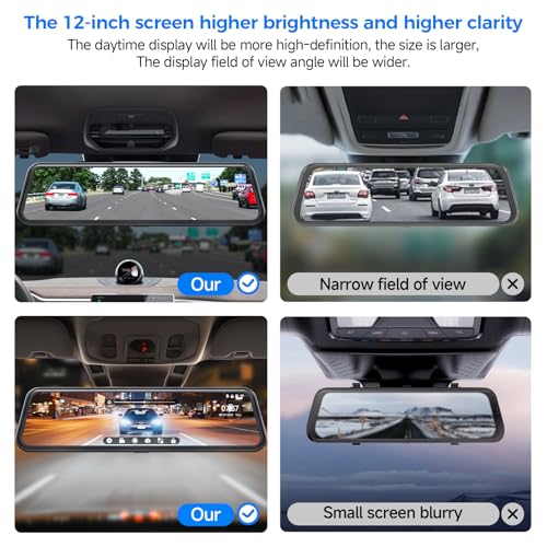 4K Mirror Dash Cam,Rear View Mirror Camera with WiFi,Dash Cam Front and Rear for Car,G-Sensor,7/24H Parking Mode,12" Touch Screen,Includes 64GB Card
