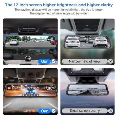 4K Mirror Dash Cam,Rear View Mirror Camera with WiFi,Dash Cam Front and Rear for Car,G-Sensor,7/24H Parking Mode,12" Touch Screen,Includes 64GB Card