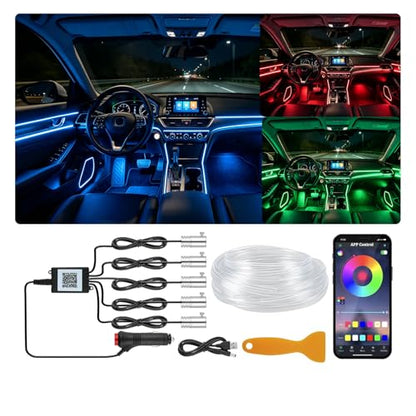 YUGUANG 5 in 1 Interior Car Lights Strip, Multicolor APP Control Music Sync RGB LED Car Ambient Lighting Kit with 236 inches Fiber Optic Cables