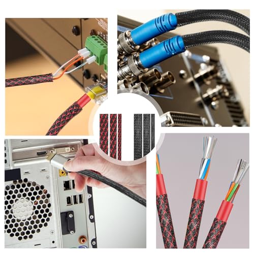 6 Roll 96ft Wire Loom Braided Cable Sleeve with 127 Pcs Tube Heat Shrinkable, Cord Covers for Pets, PET Expandable Cord Organizer for Audio Video Cable Cord USB Cable