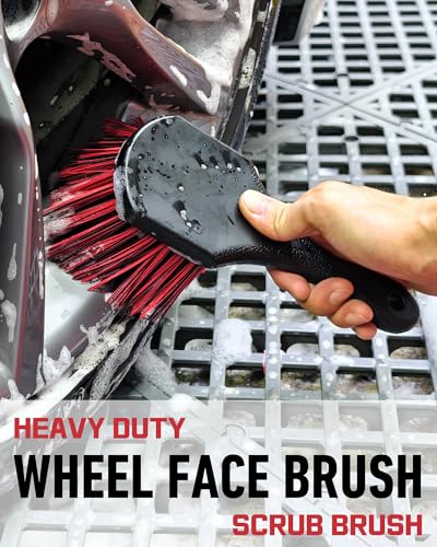 oesee 8PCS Wheel Cleaning Kit with Microfiber Brush & Rubber Grip Tire Brush, Twist Loop Drying Towel, Detailing Brush, Applicator for Car Rim and Tire Care - color: Red & Black