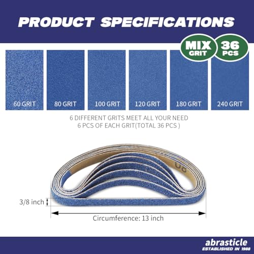 3/8" x 13" Zirconia Sanding Belts for Metal, 3/8 x 13 Inch Zirconia Metal Grinding Sand Paper, 36 PCS 6 Each of 60/80/100/120/180/240 Assorted Grits - size: 3/8" x 13" Assorted Grit(36 pack)