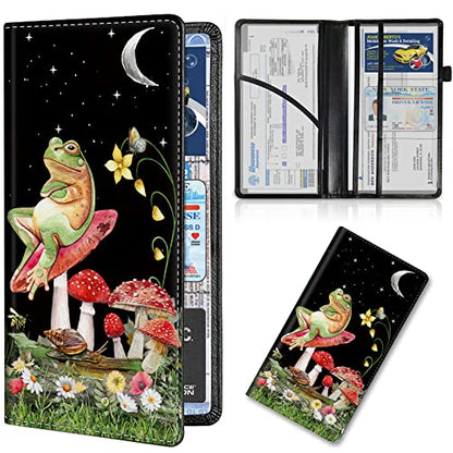 Car Registration and Insurance Card Holder, Premium PU Leather Vehicle Wallet Cover for Glove Box Car Organizer Drivers License/Cards/ID Essentials Document Holder, Aesthetic Mushroom Frog - color: Aesthetic Mushroom Frog