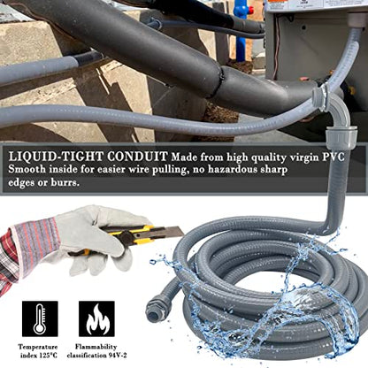 Liquid-Tight Conduit - 1/2inch 25 Foot Flexible Non Metallic Liquid Tight Electrical Conduit Kit, With 4 Straight and 3 90-Degree Conduit Connector Fittings.1/2" Dia - size: 1/2inch 25Ft